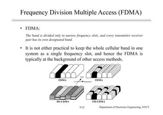 Frequency Division Multiple Access (FDMA)
• FDMA:
The band is divided only to narrow frequency slots, and every transmitter receiver
pair has its own designated band.
• It is not either practical to keep the whole cellular band in one
system as a single frequency slot, and hence the FDMA is
typically at the background of other access methods.
FDMA TDMA
DS-CDMA FH-CDMA
time
frequency
Department of Electronic Engineering, NTUT9/32
 