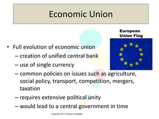 Copyright 2013, Pearson Education3-13
Economic Union
• Full evolution of economic union
– creation of unified central bank
– use of single currency
– common policies on issues such as agriculture,
social policy, transport, competition, mergers,
taxation
– requires extensive political unity
– would lead to a central government in time
European
Union Flag
 