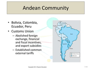 Copyright 2013, Pearson Education 3-18
Andean Community
• Bolivia, Colombia,
Ecuador, Peru
• Customs Union
– Abolished foreign
exchange, financial
and fiscal incentives,
and export subsidies
– Established common
external tariffs
 