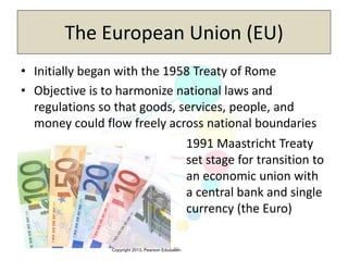 Copyright 2013, Pearson Education3-26
The European Union (EU)
• Initially began with the 1958 Treaty of Rome
• Objective is to harmonize national laws and
regulations so that goods, services, people, and
money could flow freely across national boundaries
1991 Maastricht Treaty
set stage for transition to
an economic union with
a central bank and single
currency (the Euro)
 