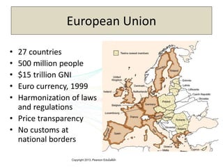 Copyright 2013, Pearson Education3-27
European Union
• 27 countries
• 500 million people
• $15 trillion GNI
• Euro currency, 1999
• Harmonization of laws
and regulations
• Price transparency
• No customs at
national borders
 
