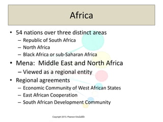 Copyright 2013, Pearson Education3-30
Africa
• 54 nations over three distinct areas
– Republic of South Africa
– North Africa
– Black Africa or sub-Saharan Africa
• Mena: Middle East and North Africa
– Viewed as a regional entity
• Regional agreements
– Economic Community of West African States
– East African Cooperation
– South African Development Community
 