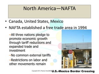 Copyright 2013, Pearson Education3-8
North America—NAFTA
• Canada, United States, Mexico
• NAFTA established a free trade area in 1994
–All three nations pledge to
promote economic growth
through tariff reductions and
expanded trade and
investment
–No common external tariffs
–Restrictions on labor and
other movements remain
U.S.-Mexico Border Crossing
 