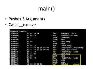 main()
• Pushes 3 Arguments
• Calls __execve
 