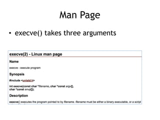 Man Page
• execve() takes three arguments
 