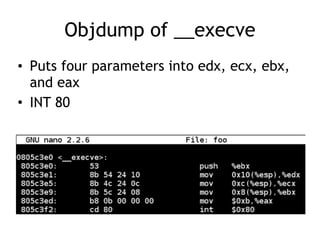 Objdump of __execve
• Puts four parameters into edx, ecx, ebx,
and eax
• INT 80
 