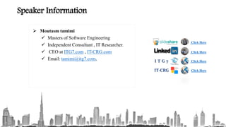 Speaker Information
 Moutasm tamimi
 Masters of Software Engineering
 Independent Consultant , IT Researcher.
 CEO at ITG7.com , IT-CRG.com
 Email: tamimi@itg7.com,
Click Here
Click HereI T G 7
Click Here
Click HereIT-CRG
 