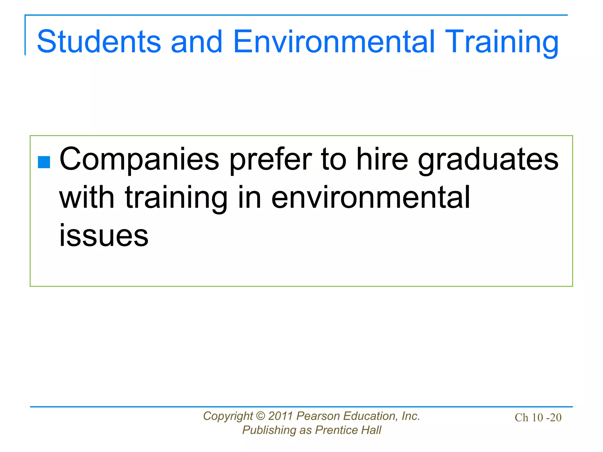 Copyright © 2011 Pearson Education, Inc.
Publishing as Prentice Hall
Ch 10 -20
Students and Environmental Training
 Companies prefer to hire graduates
with training in environmental
issues
 
