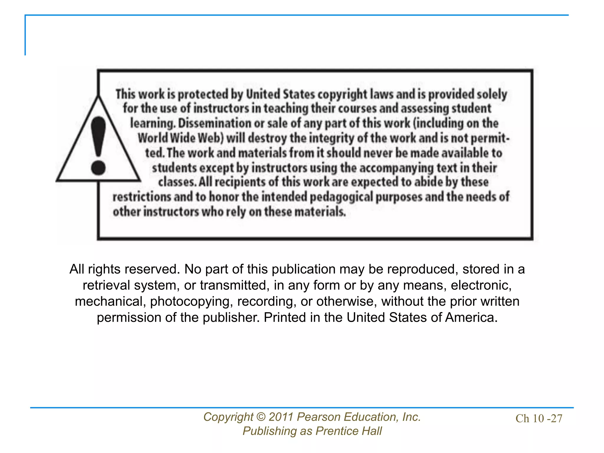Copyright © 2011 Pearson Education, Inc.
Publishing as Prentice Hall
Ch 10 -27
All rights reserved. No part of this publication may be reproduced, stored in a
retrieval system, or transmitted, in any form or by any means, electronic,
mechanical, photocopying, recording, or otherwise, without the prior written
permission of the publisher. Printed in the United States of America.
 