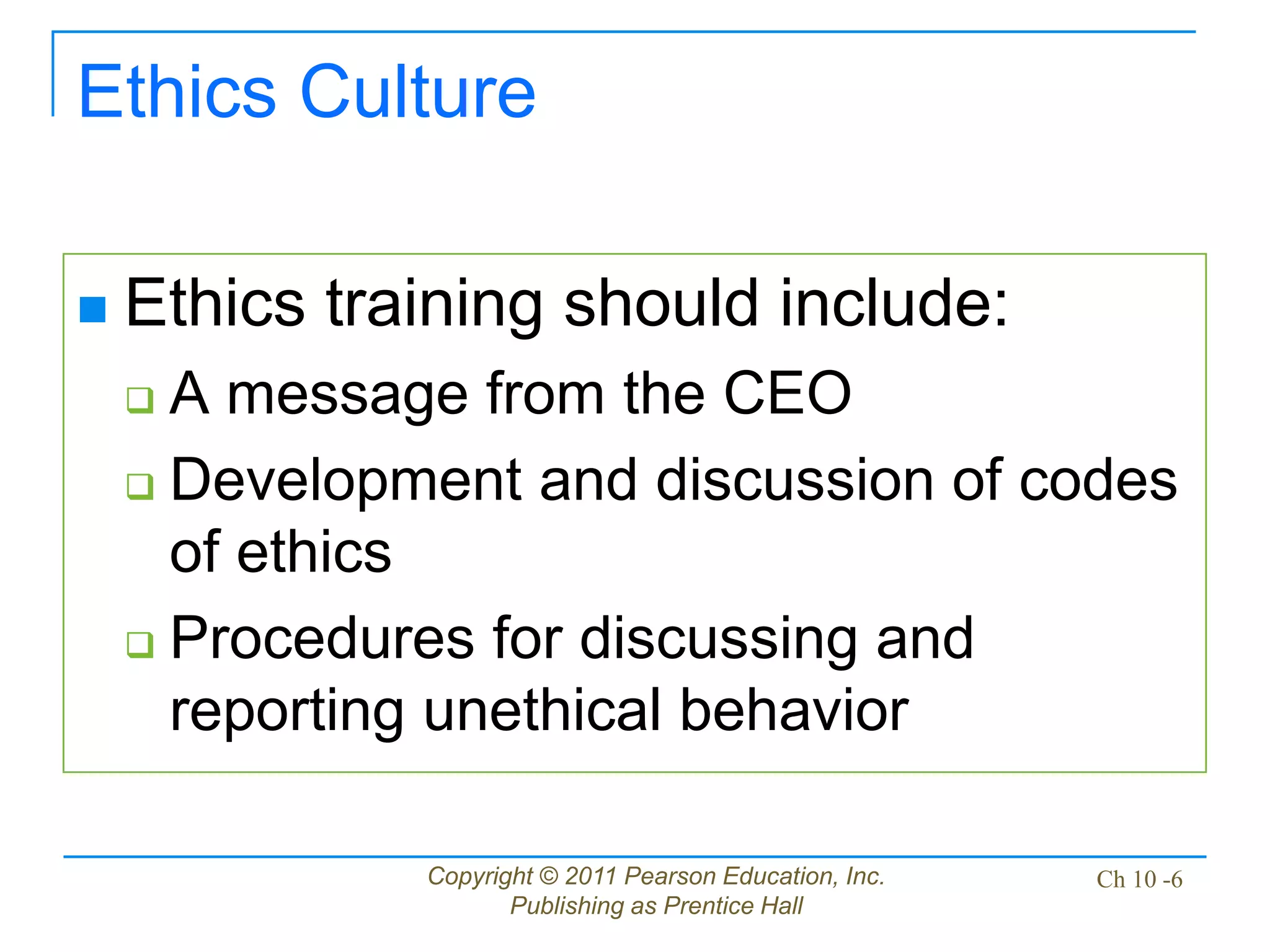 Copyright © 2011 Pearson Education, Inc.
Publishing as Prentice Hall
Ch 10 -6
Ethics Culture
 Ethics training should include:
 A message from the CEO
 Development and discussion of codes
of ethics
 Procedures for discussing and
reporting unethical behavior
 