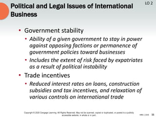 11
Copyright © 2020 Cengage Learning. All Rights Reserved. May not be scanned, copied or duplicated, or posted to a publicly
accessible website, in whole or in part. HR5 | CH3
Political and Legal Issues of International
Business
• Government stability
• Ability of a given government to stay in power
against opposing factions or permanence of
government policies toward businesses
• Includes the extent of risk faced by expatriates
as a result of political instability
• Trade incentives
• Reduced interest rates on loans, construction
subsidies and tax incentives, and relaxation of
various controls on international trade
LO 2
 