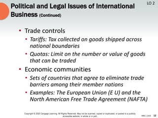 12
Copyright © 2020 Cengage Learning. All Rights Reserved. May not be scanned, copied or duplicated, or posted to a publicly
accessible website, in whole or in part. HR5 | CH3
Political and Legal Issues of International
Business (Continued)
• Trade controls
• Tariffs: Tax collected on goods shipped across
national boundaries
• Quotas: Limit on the number or value of goods
that can be traded
• Economic communities
• Sets of countries that agree to eliminate trade
barriers among their member nations
• Examples: The European Union (E U) and the
North American Free Trade Agreement (NAFTA)
LO 2
 