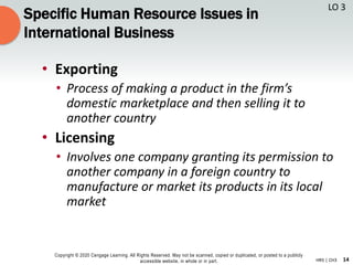 14
Copyright © 2020 Cengage Learning. All Rights Reserved. May not be scanned, copied or duplicated, or posted to a publicly
accessible website, in whole or in part. HR5 | CH3
Specific Human Resource Issues in
International Business
• Exporting
• Process of making a product in the firm’s
domestic marketplace and then selling it to
another country
• Licensing
• Involves one company granting its permission to
another company in a foreign country to
manufacture or market its products in its local
market
LO 3
 
