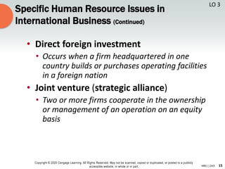 15
Copyright © 2020 Cengage Learning. All Rights Reserved. May not be scanned, copied or duplicated, or posted to a publicly
accessible website, in whole or in part. HR5 | CH3
Specific Human Resource Issues in
International Business (Continued)
• Direct foreign investment
• Occurs when a firm headquartered in one
country builds or purchases operating facilities
in a foreign nation
• Joint venture (strategic alliance)
• Two or more firms cooperate in the ownership
or management of an operation on an equity
basis
LO 3
 
