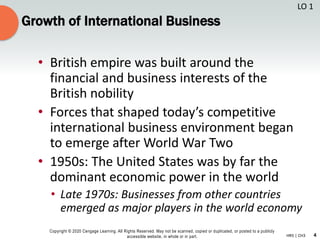 4
Copyright © 2020 Cengage Learning. All Rights Reserved. May not be scanned, copied or duplicated, or posted to a publicly
accessible website, in whole or in part. HR5 | CH3
Growth of International Business
• British empire was built around the
financial and business interests of the
British nobility
• Forces that shaped today’s competitive
international business environment began
to emerge after World War Two
• 1950s: The United States was by far the
dominant economic power in the world
• Late 1970s: Businesses from other countries
emerged as major players in the world economy
LO 1
 