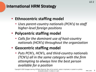 7
Copyright © 2020 Cengage Learning. All Rights Reserved. May not be scanned, copied or duplicated, or posted to a publicly
accessible website, in whole or in part. HR5 | CH3
International HRM Strategy
• Ethnocentric staffing model
• Uses parent-country nationals (PCN’s) to staff
higher-level foreign positions
• Polycentric staffing model
• Calls for the dominant use of host-country
nationals (HCN’s) throughout the organization
• Geocentric staffing model
• Puts PCN’s, HCN’s, and third-country nationals
(TCN’s) all in the same category with the firm
attempting to always hire the best person
available for a position
LO 2
 