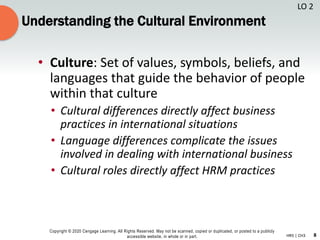8
Copyright © 2020 Cengage Learning. All Rights Reserved. May not be scanned, copied or duplicated, or posted to a publicly
accessible website, in whole or in part. HR5 | CH3
Understanding the Cultural Environment
• Culture: Set of values, symbols, beliefs, and
languages that guide the behavior of people
within that culture
• Cultural differences directly affect business
practices in international situations
• Language differences complicate the issues
involved in dealing with international business
• Cultural roles directly affect HRM practices
LO 2
 
