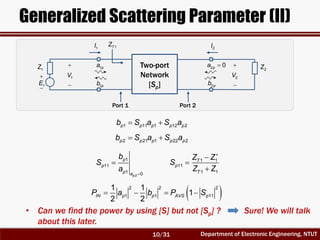 Department of Electronic Engineering, NTUT
Generalized Scattering Parameter (II)
2
1
11
1 0p
p
p
p a
b
S
a


Two-port
Network
[Sp]
2 0pa 
2pb
1pa
1pb
Port 1 Port 2

1E
1Z
2I1I

1V


2V

2Z
1 11 1 12 2p p p p pb S a S a 
2 21 1 22 2p p p p pb S a S a 
1 1
11
1 1
T
p
T
Z Z
S
Z Z




 2 2 2
1 1 11
1 1
1
2 2
IN p p AVS pP a b P S   
1TZ
• Can we find the power by using [S] but not [Sp] ? Sure! We will talk
about this later.
10/31
 
