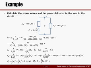 Department of Electronic Engineering, NTUT
Example
• Calculate the power waves and the power delivered to the load in the
circuit.
100 50LZ j  


10 0sE  
100 50sZ j  
V
I


   
100 50
10 5.59 26.57
100 50 100 50
L
s
L s
Z j
V E
Z Z j j

    
   
   
10
0.05 A
100 50 100 50
s
L s
E
I
Z Z j j
  
   
   
1 1 10
0.5
2 2 2 100
p s s s s
s s
a V Z I E Z I Z I
R R
      
       
1
1 1 1
10 0.05 100 50 0.05 100 50 0
2 2 2 100
p s s s s
s
b V Z I E Z I Z I j j
R R
 
            
2 21 1
0.125 W
2 2
L p pP a b   (Try ) 1
Re
2
LP VI

11/31
 
