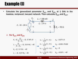 Department of Electronic Engineering, NTUT
Example (I)
• Calculate the generalized parameter Sp11 and Sp21 at 1 GHz in the
lossless, reciprocal, two-port network. Then calculate Sp22 and Sp12.
2 10Z  
1.59 nHL 


1E
1 50 50Z j  


1V


2V
10LZ j 
1TZ
1I 2I
1
1 1 1
1 1
0.167 0T
T
Z
V E E
Z Z
   

1
1 1
1 1
0.0118 45
T
E
I E
Z Z
    

2 1 0.118 45V E   
2 1 0.0118 45I E    
  1 1 1 1
1
1
2
pa V Z I
R
  2 2 2 2
2
1
2
pa V Z I
R
 
 1 1 1 1
1
1
2
pb V Z I
R
 
 2 2 2 2
2
1
2
pb V Z I
R
1 0.071 0pa  
1 0.061 78.69pb  
2 0pa 
2 0.037 45pb   
 For Sp11 and Sp21
12/31
 