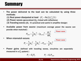 Department of Electronic Engineering, NTUT
Summary
• The power delivered to the load can be calculated by using three
methods:
(1) Real power dissipated at load ( )
(2) Power waves (generalized [Sp], linked with reflections)
(3) Traveling waves ([S], it’s practical and useful in amplifier design)
 Re 2L L LP V I

• Available power from source (maximum average power the source can
provide when matched) :
  
2
2 2
,
1
2 8
s
AVS p p rms
s
E
P a a
R
2 2 21 1 1
2 2 2
L p p AVS pP a b P b   
• When mismatch occurs:
Power wave
Power wave
L p inP G P L T AVSP G P
• Power gains (defined with traveling waves, circuitries are separately
measured in a Zo system) :
31/31
 