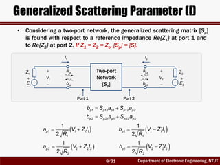 Department of Electronic Engineering, NTUT
Generalized Scattering Parameter (I)
1 11 1 12 2p p p p pb S a S a 
2 21 1 22 2p p p p pb S a S a 
  1 1 1 1
1
1
2
pa V Z I
R
  2 2 2 2
2
1
2
pa V Z I
R
 
 1 1 1 1
1
1
2
pb V Z I
R
Two-port
Network
[Sp]
2pa
2pb
1pa
1pb
Port 1 Port 2

1E
1Z
2I1I

1V


2V



2E
2Z
 1 2 2 2
2
1
2
pb V Z I
R

 
• Considering a two-port network, the generalized scattering matrix [Sp]
is found with respect to a reference impedance Re{Z1} at port 1 and
to Re{Z2} at port 2. If Z1 = Z2 = Zo, [Sp] = [S].
9/31
 