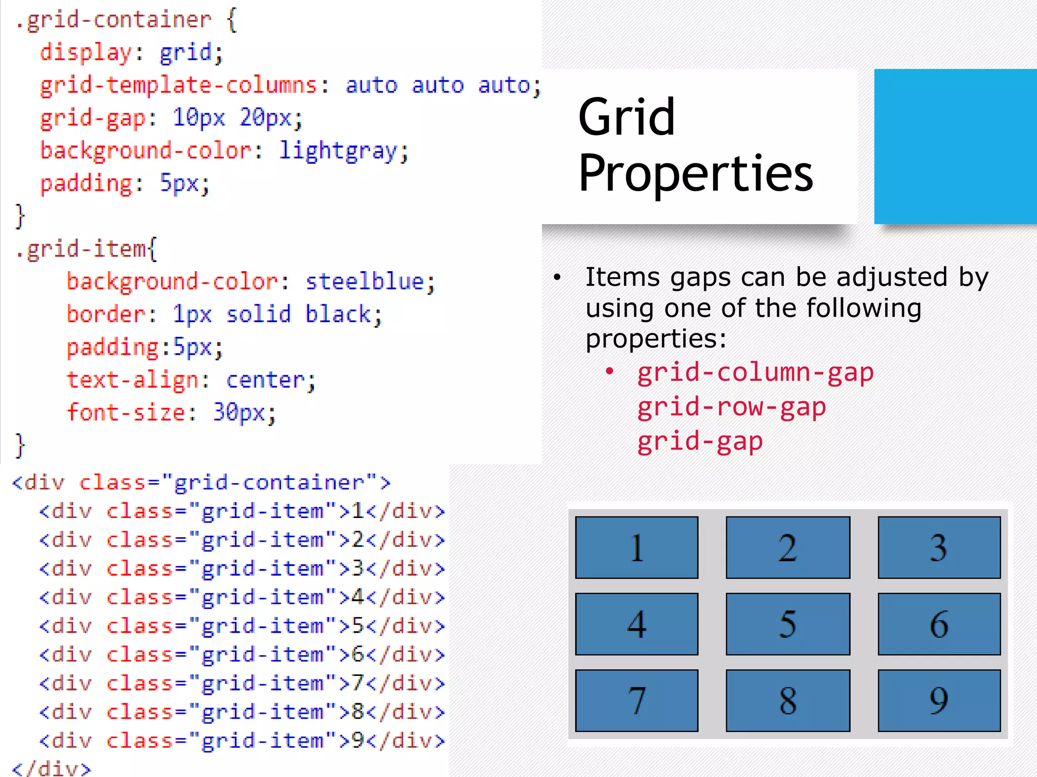 Grid
Properties
• Items gaps can be adjusted by
using one of the following
properties:
• grid-column-gap
grid-row-gap
grid-gap
 