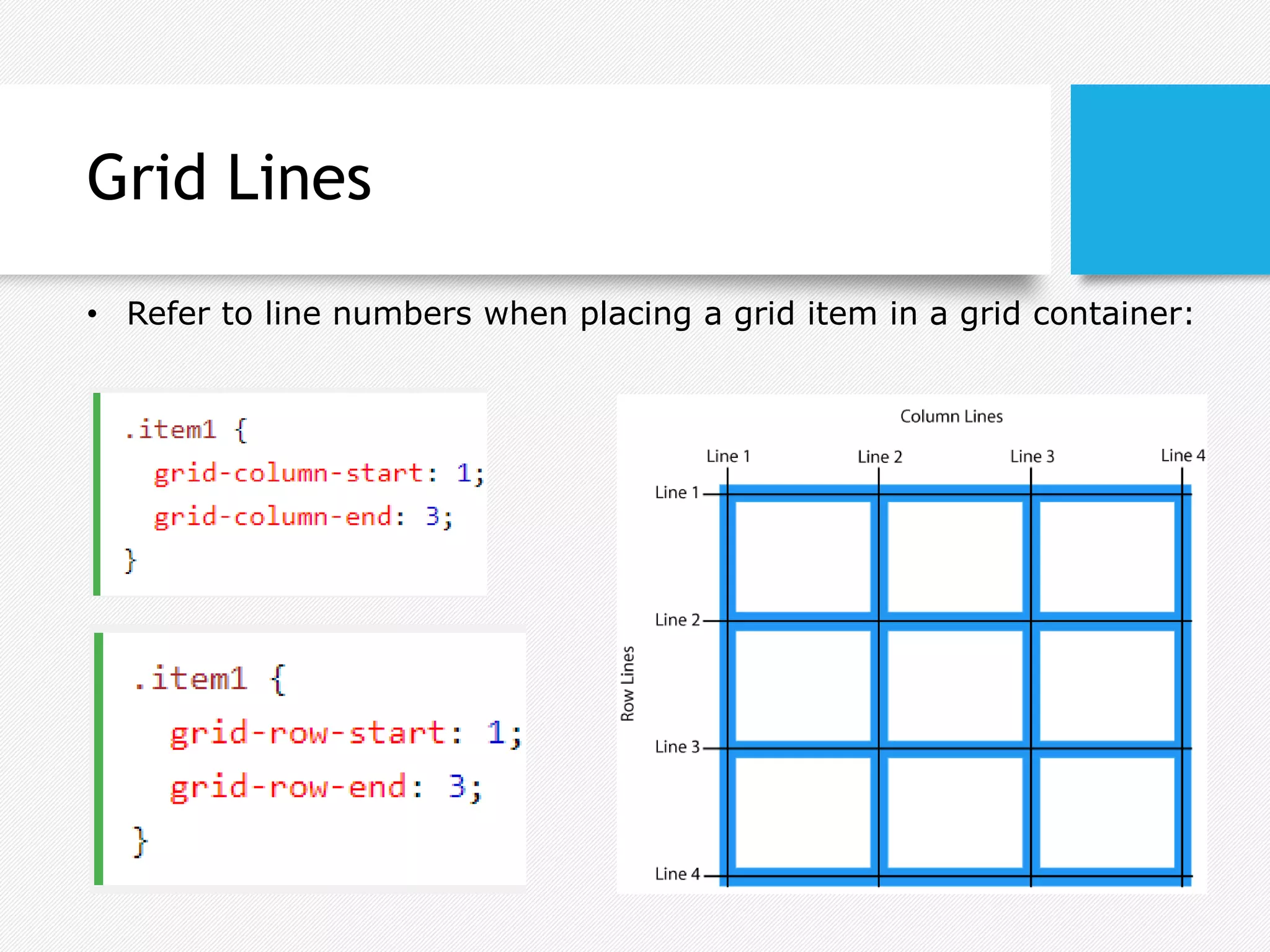 Grid Lines
• Refer to line numbers when placing a grid item in a grid container:
 