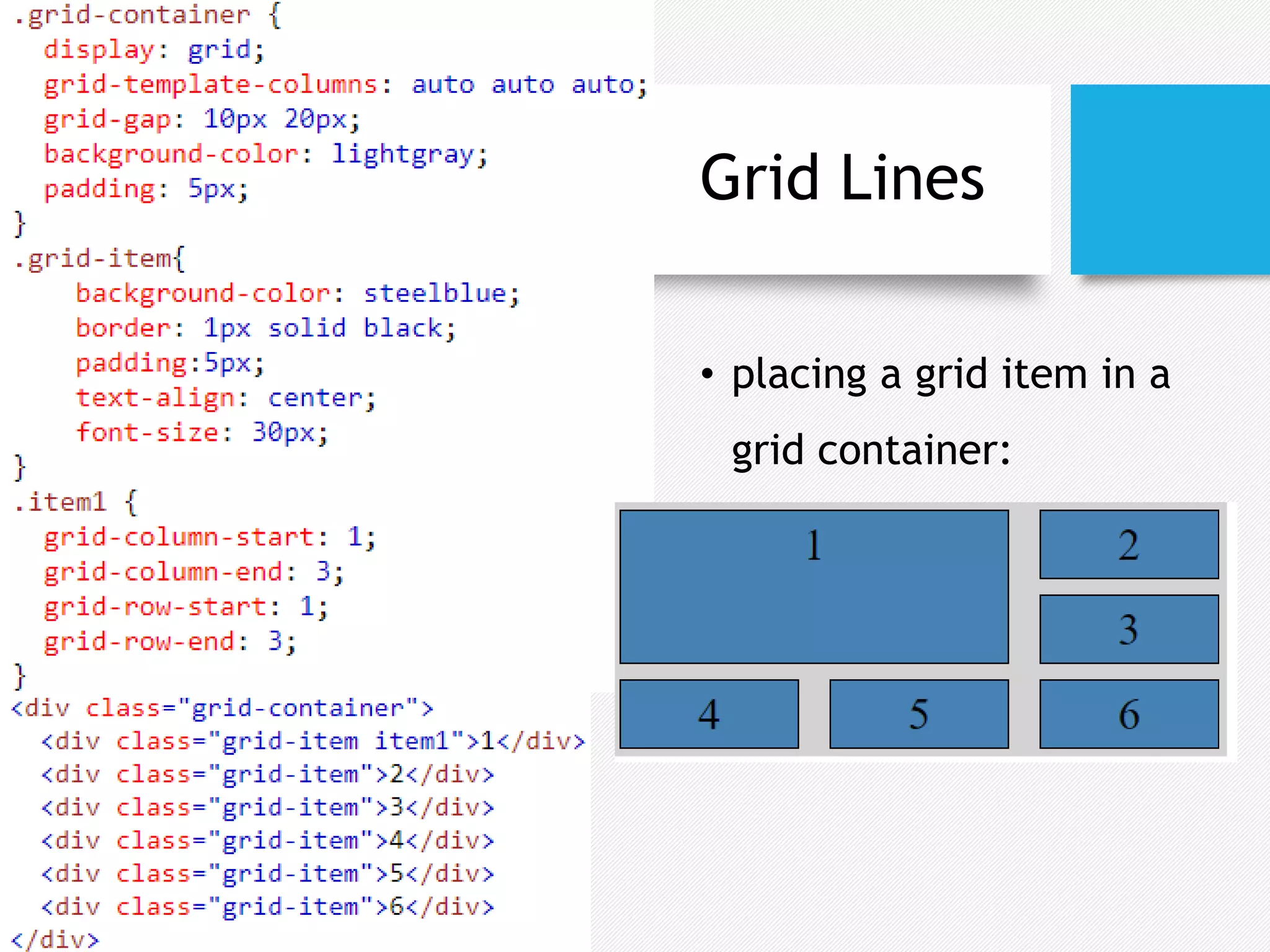 Grid Lines
• placing a grid item in a
grid container:
 