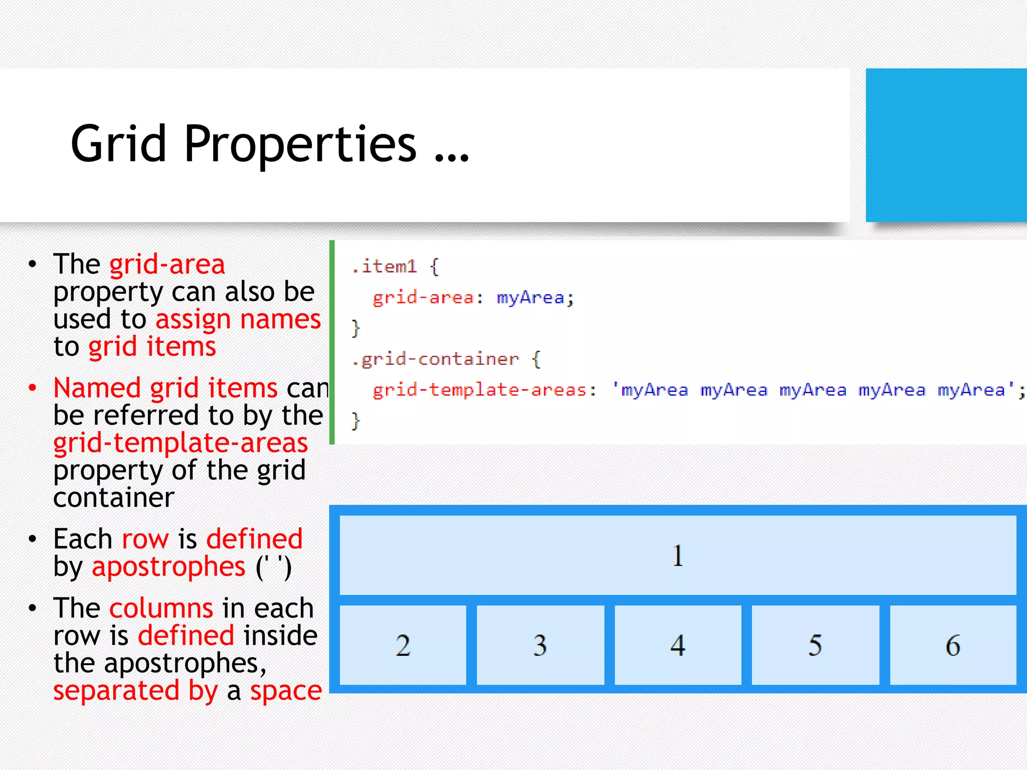 Grid Properties …
• The grid-area
property can also be
used to assign names
to grid items
• Named grid items can
be referred to by the
grid-template-areas
property of the grid
container
• Each row is defined
by apostrophes (' ')
• The columns in each
row is defined inside
the apostrophes,
separated by a space
 