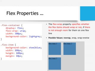 Flex Properties …
• The flex-wrap property specifies whether
the flex items should wrap or not, if there
is not enough room for them on one flex
line
• Possible Values: nowrap, wrap, wrap-reverse
 