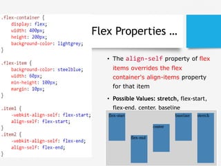 Flex Properties …
• The align-self property of flex
items overrides the flex
container's align-items property
for that item
• Possible Values: stretch, flex-start,
flex-end, center, baseline
 