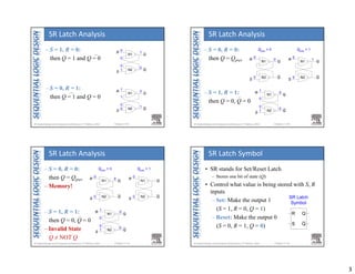 3
Chapter 3 <9> 
– S = 1, R = 0:
then Q = 1 and Q = 0
– S = 0, R = 1:
then Q = 1 and Q = 0
SR Latch Analysis
R
S
Q
Q
N1
N2
0
1
1
0
0
0
R
S
Q
Q
N1
N2
1
0
0
1
0
1
Chapter 3 <10> 
R
S
Q
Q
N1
N2
0
0
R
S
Q
Q
N1
N2
0
0
0
Qprev
= 0 Qprev
= 1
1
– S = 0, R = 0:
then Q = Qprev
– S = 1, R = 1:
then Q = 0, Q = 0
SR Latch Analysis
R
S
Q
Q
N1
N2
1
1
0
0
0
0
Chapter 3 <11> 
R
S
Q
Q
N1
N2
0
0
R
S
Q
Q
N1
N2
0
0
0
Qprev
= 0 Qprev
= 1
– S = 0, R = 0:
then Q = Qprev
– Memory!
– S = 1, R = 1:
then Q = 0, Q = 0
– Invalid State
Q ≠ NOT Q
SR Latch Analysis
R
S
Q
Q
N1
N2
1
1
0
0
0
0
Chapter 3 <12> 
S
R Q
Q
SR Latch
Symbol
• SR stands for Set/Reset Latch
– Stores one bit of state (Q)
• Control what value is being stored with S, R
inputs
– Set: Make the output 1
(S = 1, R = 0, Q = 1)
– Reset: Make the output 0
(S = 0, R = 1, Q = 0)
SR Latch Symbol
 