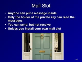 179
Mail Slot
• Anyone can put a message inside


• Only the holder of the private key can read the
messages


• You can send, but not receive


• Unless you install your own mail slot
 