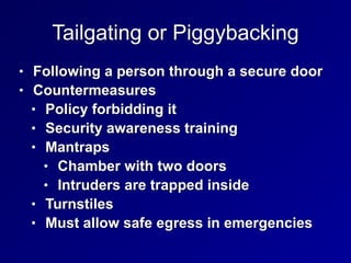 Tailgating or Piggybacking
• Following a person through a secure door


• Countermeasures


• Policy forbidding it


• Security awareness training


• Mantraps


• Chamber with two doors


• Intruders are trapped inside


• Turnstiles


• Must allow safe egress in emergencies
 