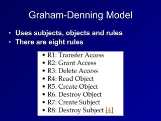 Graham-Denning Model
• Uses subjects, objects and rules


• There are eight rules
 