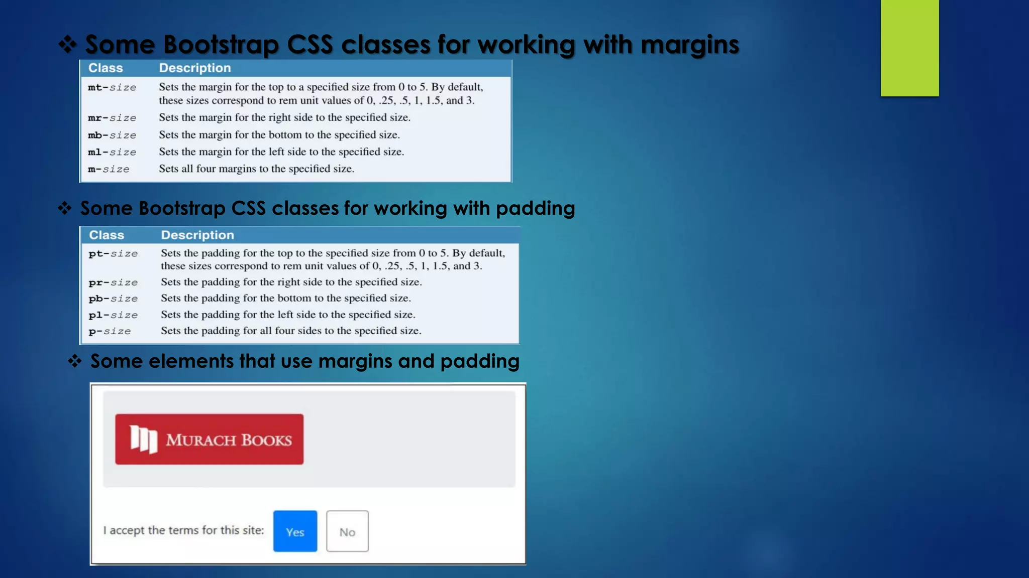  Some Bootstrap CSS classes for working with margins
 Some Bootstrap CSS classes for working with padding
 Some elements that use margins and padding
 