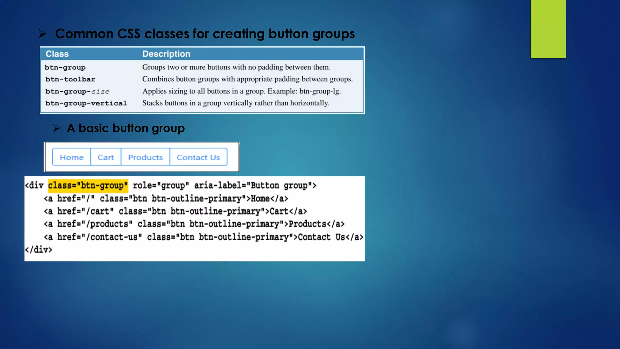  Common CSS classes for creating button groups
 A basic button group
 