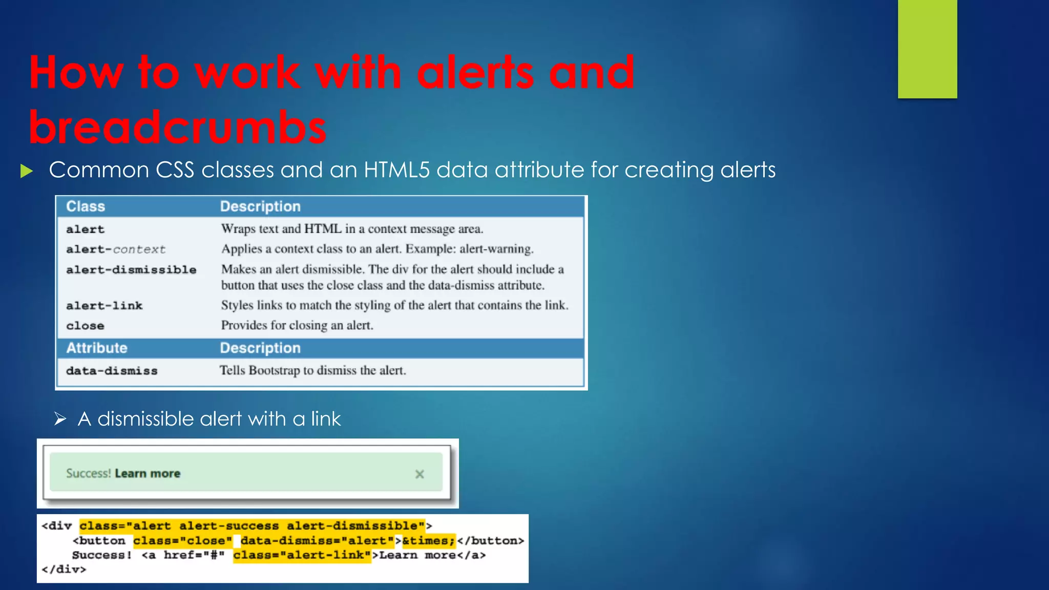 How to work with alerts and
breadcrumbs
 Common CSS classes and an HTML5 data attribute for creating alerts
 A dismissible alert with a link
 