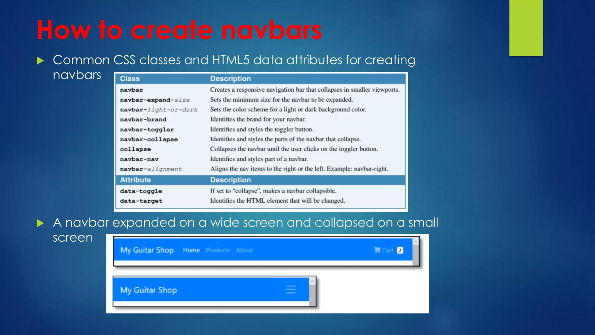 How to create navbars
 Common CSS classes and HTML5 data attributes for creating
navbars
 A navbar expanded on a wide screen and collapsed on a small
screen
 
