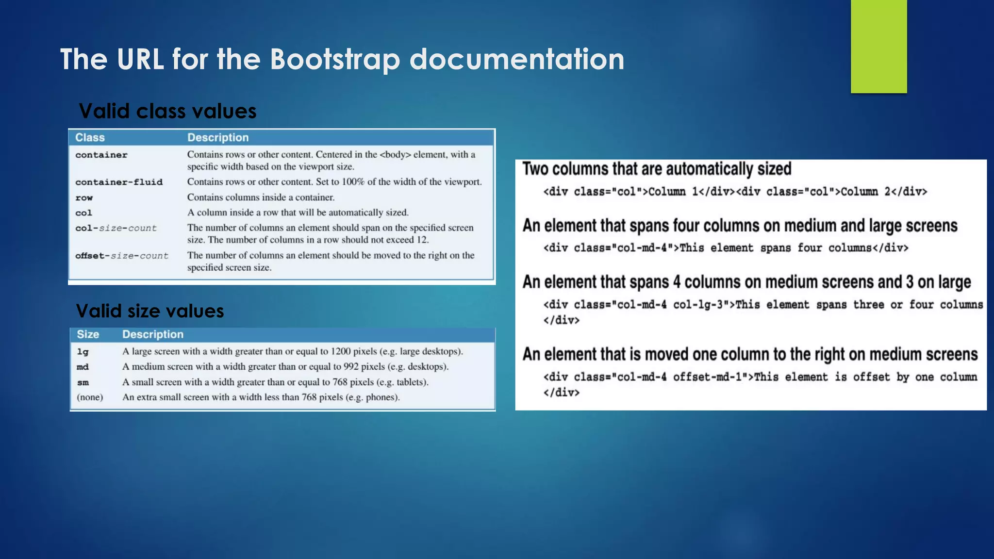The URL for the Bootstrap documentation
Valid class values
Valid size values
 