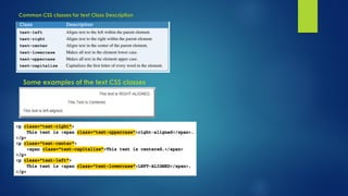Common CSS classes for text Class Description
Some examples of the text CSS classes
 