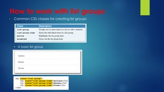 How to work with list groups
• Common CSS classes for creating list groups
• A basic list group
 