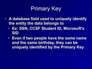 Primary Key
• A database field used to uniquely identify
the entity the data belongs to


• Ex: SSN, CCSF Student ID, Microsoft's
SID


• Even if two people have the same name
and the same birthday, they can be
uniquely identified by the Primary Key
 
