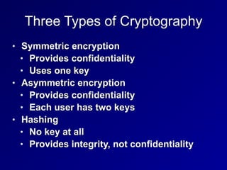 Three Types of Cryptography
• Symmetric encryption


• Provides confidentiality


• Uses one key


• Asymmetric encryption


• Provides confidentiality


• Each user has two keys


• Hashing


• No key at all


• Provides integrity, not confidentiality
 