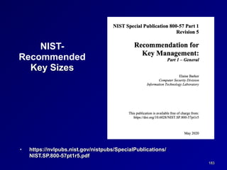183
NIST-
Recommended
Key Sizes
• https://nvlpubs.nist.gov/nistpubs/SpecialPublications/
NIST.SP.800-57pt1r5.pdf
 