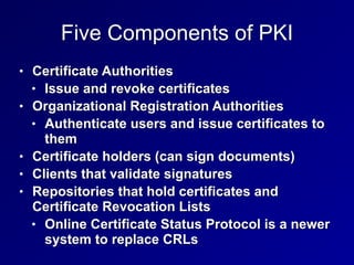 Five Components of PKI
• Certificate Authorities


• Issue and revoke certificates


• Organizational Registration Authorities


• Authenticate users and issue certificates to
them


• Certificate holders (can sign documents)


• Clients that validate signatures


• Repositories that hold certificates and
Certificate Revocation Lists


• Online Certificate Status Protocol is a newer
system to replace CRLs
 