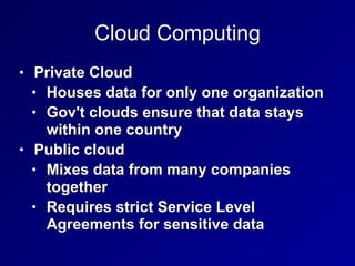 Cloud Computing
• Private Cloud


• Houses data for only one organization


• Gov't clouds ensure that data stays
within one country


• Public cloud


• Mixes data from many companies
together


• Requires strict Service Level
Agreements for sensitive data
 