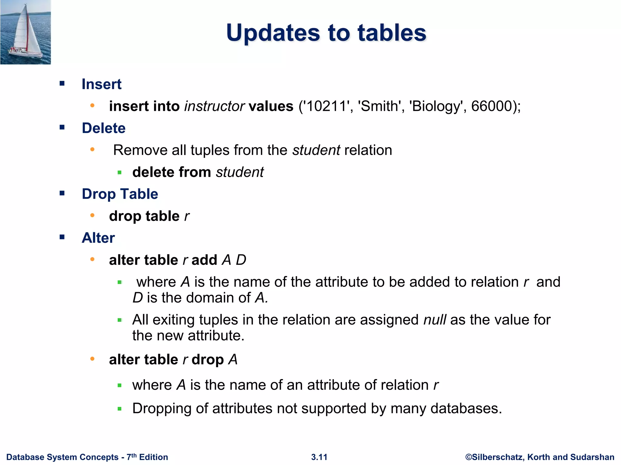 ©Silberschatz, Korth and Sudarshan
3.11
Database System Concepts - 7th Edition
Updates to tables
 Insert
• insert into instructor values ('10211', 'Smith', 'Biology', 66000);
 Delete
• Remove all tuples from the student relation
 delete from student
 Drop Table
• drop table r
 Alter
• alter table r add A D
 where A is the name of the attribute to be added to relation r and
D is the domain of A.
 All exiting tuples in the relation are assigned null as the value for
the new attribute.
• alter table r drop A
 where A is the name of an attribute of relation r
 Dropping of attributes not supported by many databases.
 