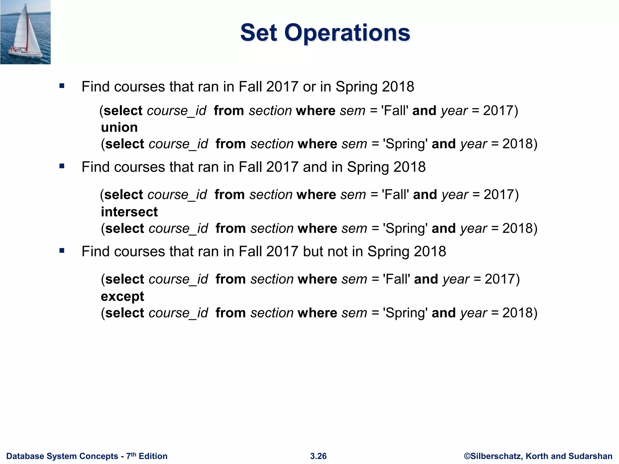 ©Silberschatz, Korth and Sudarshan
3.26
Database System Concepts - 7th Edition
Set Operations
 Find courses that ran in Fall 2017 or in Spring 2018
(select course_id from section where sem = 'Fall' and year = 2017)
union
(select course_id from section where sem = 'Spring' and year = 2018)
 Find courses that ran in Fall 2017 and in Spring 2018
(select course_id from section where sem = 'Fall' and year = 2017)
intersect
(select course_id from section where sem = 'Spring' and year = 2018)
 Find courses that ran in Fall 2017 but not in Spring 2018
(select course_id from section where sem = 'Fall' and year = 2017)
except
(select course_id from section where sem = 'Spring' and year = 2018)
 
